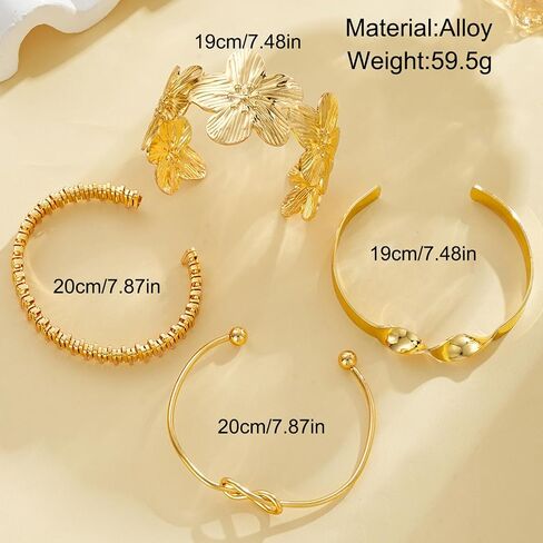 14K Gold Plated Bracelets for Women, 4Pcs Stackable Flower Cuff Bangle Knot Chain Bracelet Set, Trendy Boho Layered Jewelry Gift for Women in Saudi Arabia