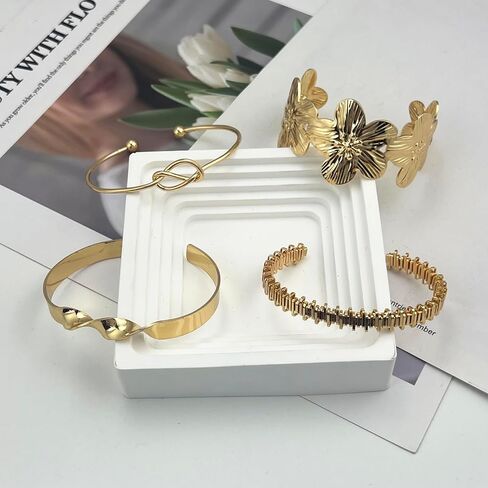 14K Gold Plated Bracelets for Women, 4Pcs Stackable Flower Cuff Bangle Knot Chain Bracelet Set, Trendy Boho Layered Jewelry Gift for Women in Saudi Arabia