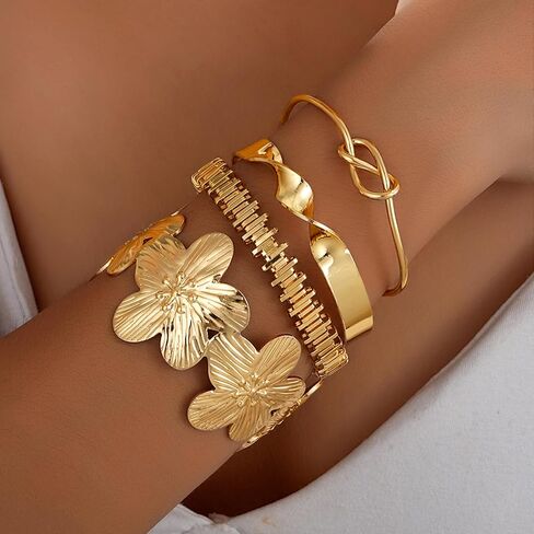 14K Gold Plated Bracelets for Women, 4Pcs Stackable Flower Cuff Bangle Knot Chain Bracelet Set, Trendy Boho Layered Jewelry Gift for Women in Saudi Arabia