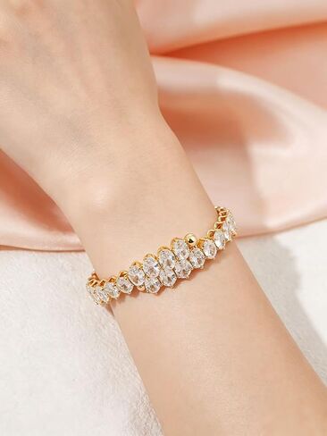 14K Gold-Plated Cubic Zirconia Marquise-Cut Tennis Bracelet: Adjustable elastic bracelet for women, featuring exquisite marquise-cut zirconia stones. Perfect as bridal jewelry for weddings or as a birthday gift for a woman or wife. in Saudi Arabia
