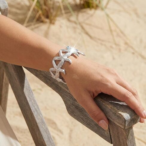 Chunky Silver Cuff Bracelet for Women Starfish Bracelet Link with Hollow Carved Pattern Beach Jewelry Arm Band Summer Ocean Accessories Practical Present Vacation Paily Present in Saudi Arabia