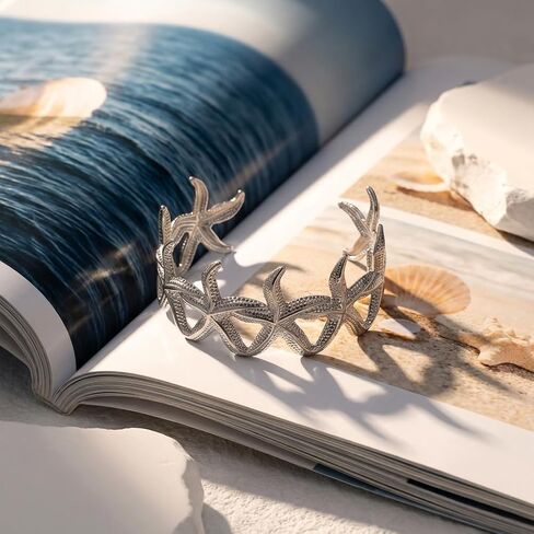 Chunky Silver Cuff Bracelet for Women Starfish Bracelet Link with Hollow Carved Pattern Beach Jewelry Arm Band Summer Ocean Accessories Practical Present Vacation Paily Present in Saudi Arabia