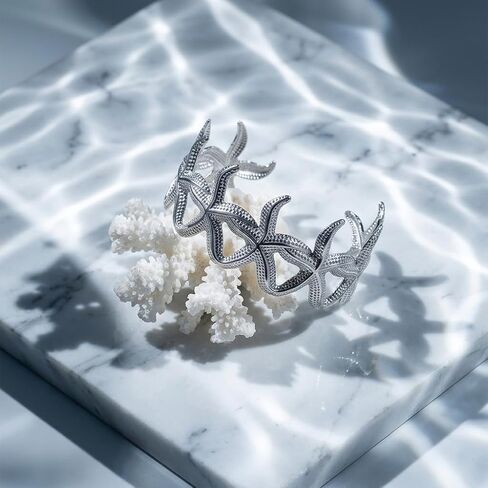 Chunky Silver Cuff Bracelet for Women Starfish Bracelet Link with Hollow Carved Pattern Beach Jewelry Arm Band Summer Ocean Accessories Practical Present Vacation Paily Present in Saudi Arabia