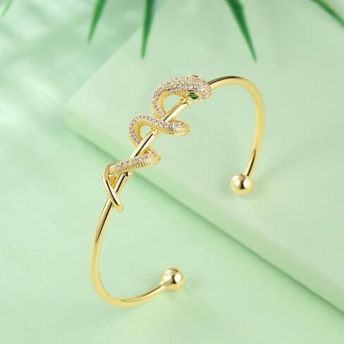 Snake Cuff Bangle Adjustable Gold Plated Bracelet with Crystal Pave and Green Eye Accent Jewelry for Men and Women CB0019Y in Saudi Arabia