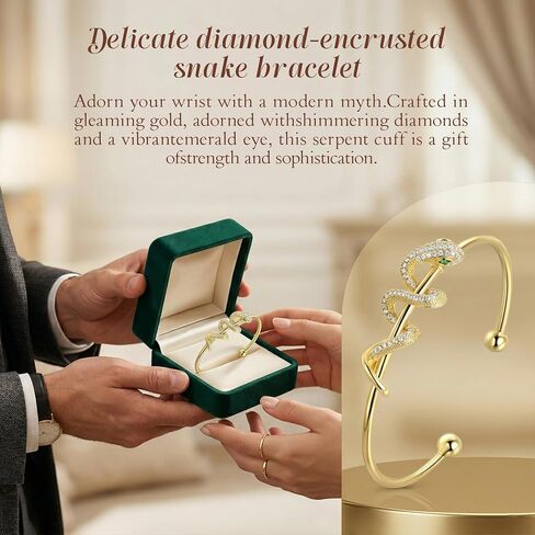 Snake Cuff Bangle Adjustable Gold Plated Bracelet with Crystal Pave and Green Eye Accent Jewelry for Men and Women CB0019Y in Saudi Arabia