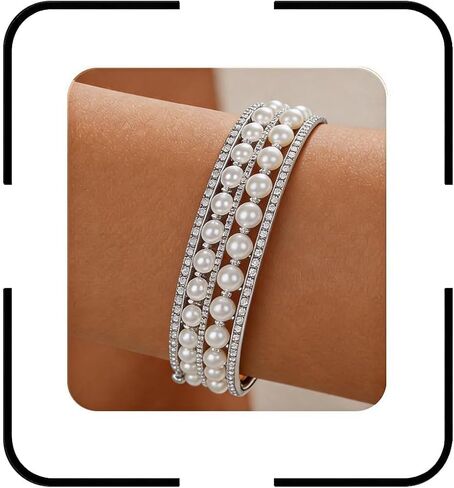 Pearl Stretch Cuff Bracelet for Women Adjustable Silver Rhinestone Bracelet Imitition Pearl Bracelet Minimalist Gold Cuffs Multilayer Crystals Pearl Wedding Bracelets Jewelry for Brides Bridesmaid in Saudi Arabia