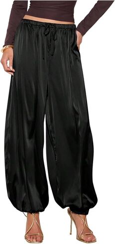 Verdusa Women's Wide Leg Satin Pants Pleated Joggers Elegant Lantern Pants in Kuwait