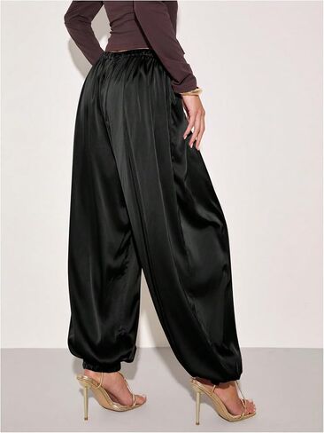 Verdusa Women's Wide Leg Satin Pants Pleated Joggers Elegant Lantern Pants in Kuwait