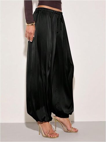 Verdusa Women's Wide Leg Satin Pants Pleated Joggers Elegant Lantern Pants in Kuwait