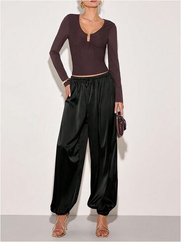 Verdusa Women's Wide Leg Satin Pants Pleated Joggers Elegant Lantern Pants in Kuwait