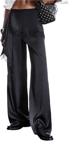SOLY HUX Women's Y2k Satin Pants Lace Trim Silk Ruffle Wide Leg Vintage Flowy Trousers in Kuwait
