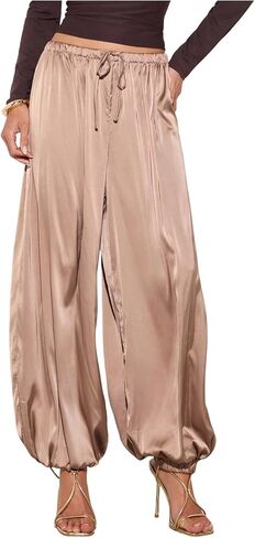 Verdusa Women's Wide Leg Satin Pants Pleated Joggers Elegant Lantern Pants in Kuwait