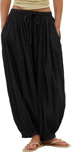 OWNGIGI Women’s Boho Linen Blend Pants Summer Loose Drawstring Balloon Beach Vacation Casual Pants with Pocket in Saudi Arabia