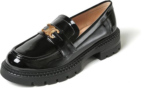 Women's Platform Leather Loafers, Chunky Lug Sole Slip On Metal Buckle Shoes, Comfortable Non-Slip Round Toe Business Casual Work Office Ladies Dress Shoes in Saudi Arabia