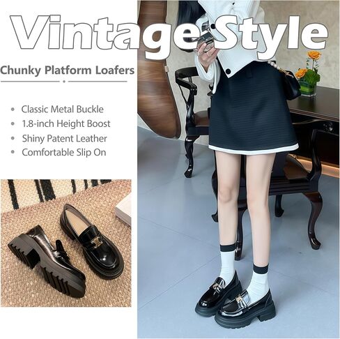 Women's Platform Leather Loafers, Chunky Lug Sole Slip On Metal Buckle Shoes, Comfortable Non-Slip Round Toe Business Casual Work Office Ladies Dress Shoes in Saudi Arabia