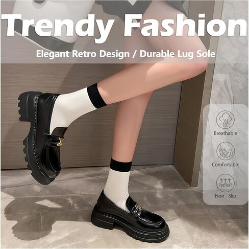 Women's Platform Leather Loafers, Chunky Lug Sole Slip On Metal Buckle Shoes, Comfortable Non-Slip Round Toe Business Casual Work Office Ladies Dress Shoes in Saudi Arabia