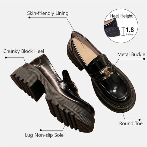 Women's Platform Leather Loafers, Chunky Lug Sole Slip On Metal Buckle Shoes, Comfortable Non-Slip Round Toe Business Casual Work Office Ladies Dress Shoes in Saudi Arabia