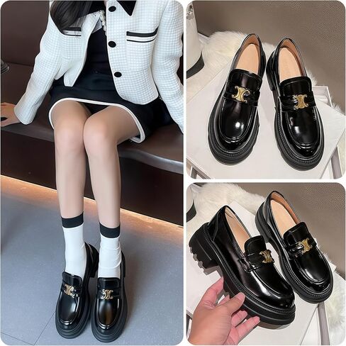 Women's Platform Leather Loafers, Chunky Lug Sole Slip On Metal Buckle Shoes, Comfortable Non-Slip Round Toe Business Casual Work Office Ladies Dress Shoes in Saudi Arabia