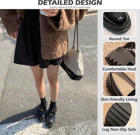 Women's Platform Leather Loafers, Chunky Lug Sole Slip On Metal Buckle Shoes, Comfortable Non-Slip Round Toe Business Casual Work Office Ladies Dress Shoes in Saudi Arabia
