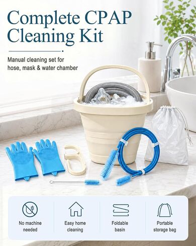 CPAP Cleaning Supplies Kit - CPAP Hose Cleaner Brush,CPAP Hose Holder,Mask Holder,Wash Soak Basin Tub.CPAP Mask Tube Cleaner.Travel Portable CPAP Cleaner Care Kit for CPAP Users（Beige） in Saudi Arabia