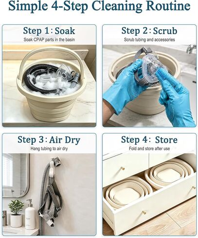 CPAP Cleaning Supplies Kit - CPAP Hose Cleaner Brush,CPAP Hose Holder,Mask Holder,Wash Soak Basin Tub.CPAP Mask Tube Cleaner.Travel Portable CPAP Cleaner Care Kit for CPAP Users（Beige） in Saudi Arabia