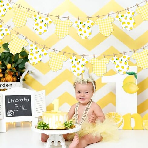 Lemon Themed Baby Shower Bunting Banner Yellow Checkered Onesie Garland with Wooden Clips for Citrus First Birthday, Sweet One Party Decorations in Saudi Arabia