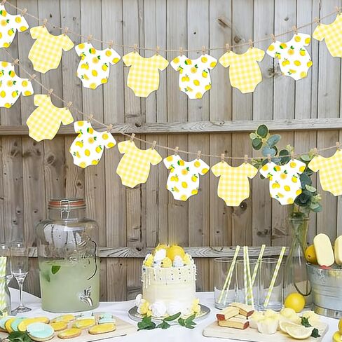 Lemon Themed Baby Shower Bunting Banner Yellow Checkered Onesie Garland with Wooden Clips for Citrus First Birthday, Sweet One Party Decorations in Saudi Arabia