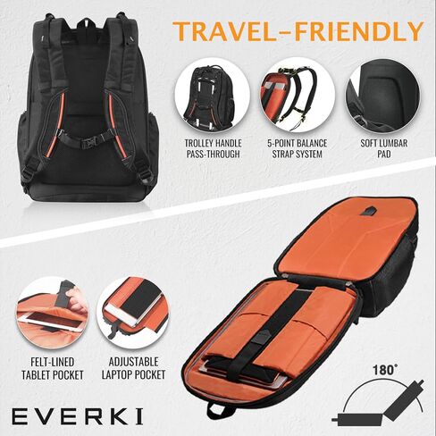 EVERKI Atlas Business Laptop Backpack (EKP121S15) with Orange Accessory Pouch & Rain Cover - Men's Backpack with 11"-15.6" Compartment, 29.5L Capacity - Travel-Friendly Backpack, Pouch & Cover Bundle in Kuwait