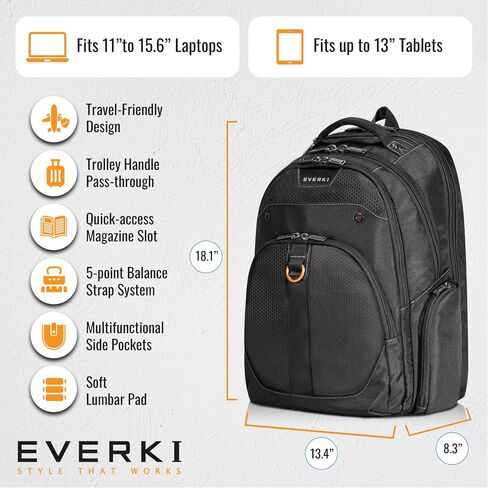 EVERKI Atlas Business Laptop Backpack (EKP121S15) with Orange Accessory Pouch & Rain Cover - Men's Backpack with 11"-15.6" Compartment, 29.5L Capacity - Travel-Friendly Backpack, Pouch & Cover Bundle in Kuwait