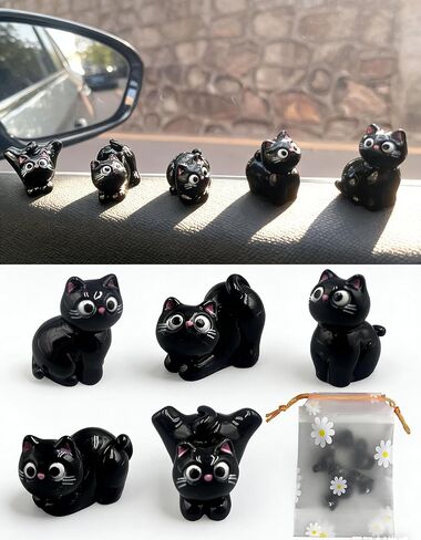 5 PCS Black Mini Cat Figurines, Cute Resin Miniature Cat for Car Dashboard Decorations with Gift Bag & Traceless Tapes, for Car Accessories, Computer Monitor & Desk Décor, Cat Lover Gifts for Women in Kuwait