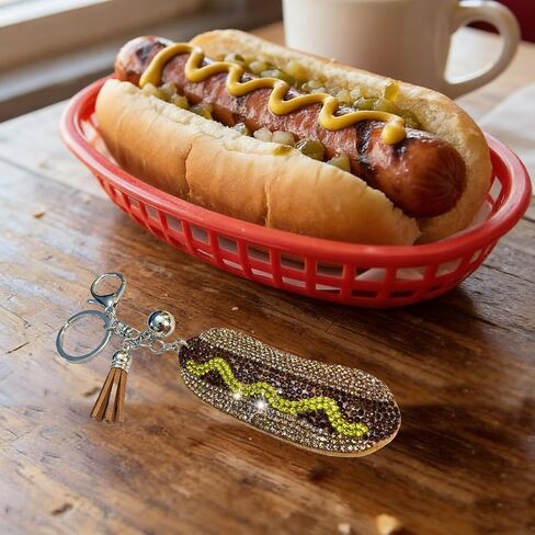 Hot Dog Keychain Western Bling Bag Charm for Women Charms with Tassel for Purse Accessories Rhinestone Sparkle Handmade Keyring in Saudi Arabia