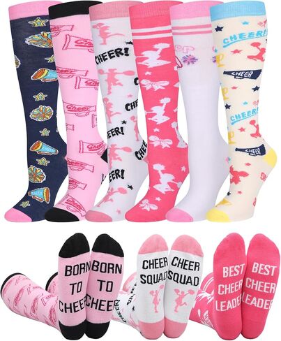JenPen 6 Pairs Cheerleader Knee High Socks for Girls Women Cheerleading Team Cotton Long Cheer Socks for Practice Game Day Cheer Gifts in Kuwait