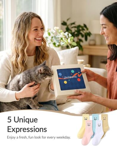Jeasona Cute Socks for Women Cat Socks Cotton Casual Crew Socks Colorful Animal Embroidery Novelty Gifts for Women Cat Lovers 5 Pairs Size 5-8 in Saudi Arabia