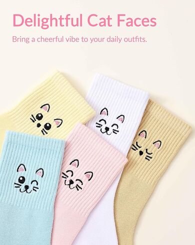 Jeasona Cute Socks for Women Cat Socks Cotton Casual Crew Socks Colorful Animal Embroidery Novelty Gifts for Women Cat Lovers 5 Pairs Size 5-8 in Saudi Arabia