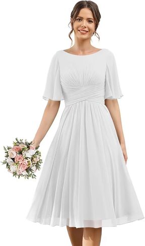Flutter Sleeve Short Bridesmaid Dresses with Pocket Ruched Chiffon Formal Cocktail Party Dress ZU132 in Saudi Arabia