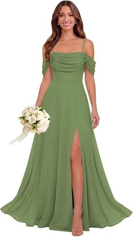 Women's Long Chiffon Cold Shoulder Bridesmaid Dresses A Line Cowl Neck Pleated Evening Formal Gowns with Slit in Saudi Arabia