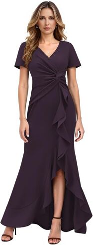 Satin Mother of The Bride Dresses High Low Ruffle V Neck Formal Wedding Guest Dress with Slit HX048 in Saudi Arabia