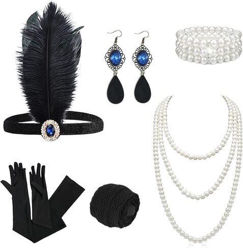 Boonbery 1920s Flapper Gatsby Accessories Set for Women Roaring 20's Theme Party Costume Kit Fashion Roaring 20's Theme Set Black in Saudi Arabia