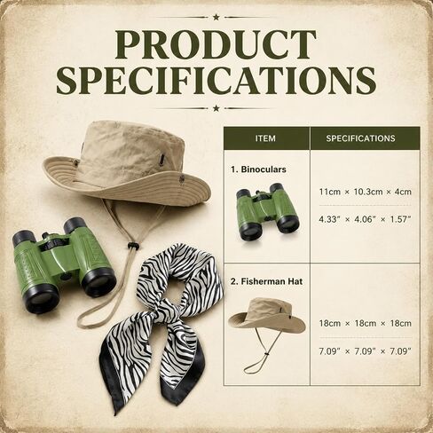 3 Pcs Safari Costume Women,Brown Sun Hat Green Binoculars Zebra Stripes Scarf,Explorer Costume Full Set,for Cosplay Rave Party and Zoo Keeper Adult Set in Kuwait