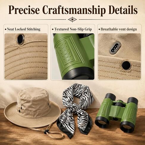 3 Pcs Safari Costume Women,Brown Sun Hat Green Binoculars Zebra Stripes Scarf,Explorer Costume Full Set,for Cosplay Rave Party and Zoo Keeper Adult Set in Kuwait