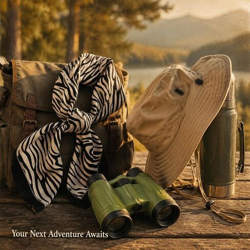 3 Pcs Safari Costume Women,Brown Sun Hat Green Binoculars Zebra Stripes Scarf,Explorer Costume Full Set,for Cosplay Rave Party and Zoo Keeper Adult Set in Kuwait