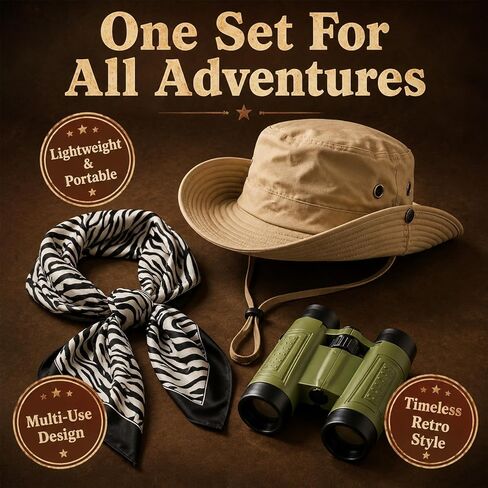 3 Pcs Safari Costume Women,Brown Sun Hat Green Binoculars Zebra Stripes Scarf,Explorer Costume Full Set,for Cosplay Rave Party and Zoo Keeper Adult Set in Kuwait