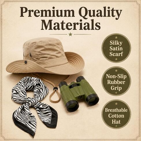 3 Pcs Safari Costume Women,Brown Sun Hat Green Binoculars Zebra Stripes Scarf,Explorer Costume Full Set,for Cosplay Rave Party and Zoo Keeper Adult Set in Kuwait