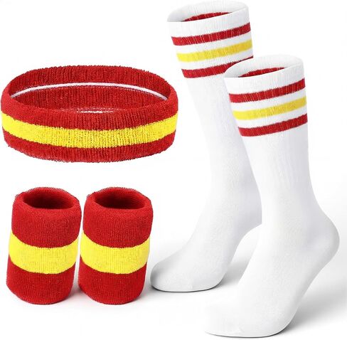Maiteenly 5Pcs Sweatbands Striped Socks Set Sports Headband Wristbands High Tube Socks 80s Accessories Costume for Women Men in Kuwait