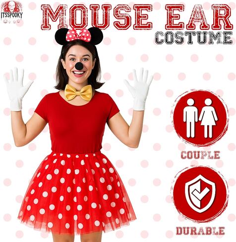 4 Piece Mouse Costume Accessory Set for Womens | Mouse Ears Headband, Red Polka Dot Tutu Skirt, Nose and White Gloves | Perfect for Theme Park Role Play Christmas School Play Dress Up in Saudi Arabia