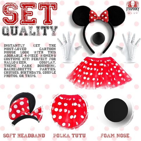 4 Piece Mouse Costume Accessory Set for Womens | Mouse Ears Headband, Red Polka Dot Tutu Skirt, Nose and White Gloves | Perfect for Theme Park Role Play Christmas School Play Dress Up in Saudi Arabia