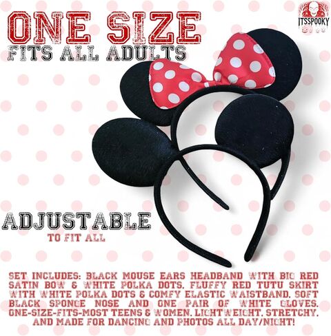 4 Piece Mouse Costume Accessory Set for Womens | Mouse Ears Headband, Red Polka Dot Tutu Skirt, Nose and White Gloves | Perfect for Theme Park Role Play Christmas School Play Dress Up in Saudi Arabia