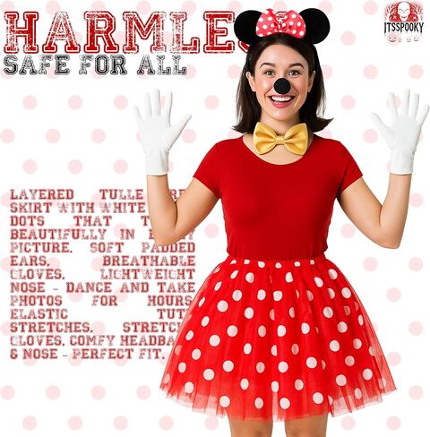 4 Piece Mouse Costume Accessory Set for Womens | Mouse Ears Headband, Red Polka Dot Tutu Skirt, Nose and White Gloves | Perfect for Theme Park Role Play Christmas School Play Dress Up in Saudi Arabia