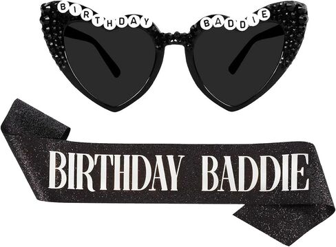 2PCS Birthday Baddie Sash and Sunglasses for Women, Glitter Black Sash with Silver Foil Birthday Baddie Print and Black Heart Shape Sunglasses Accessories for Funny Birthday Party Decorations in Saudi Arabia