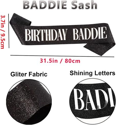 2PCS Birthday Baddie Sash and Sunglasses for Women, Glitter Black Sash with Silver Foil Birthday Baddie Print and Black Heart Shape Sunglasses Accessories for Funny Birthday Party Decorations in Saudi Arabia